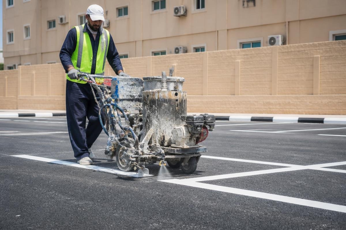 ماكينة تخطيط طرق أثناء رسم خطوط المواقف على الأسفلت